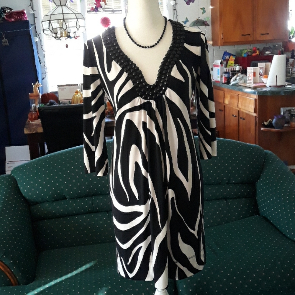 Zebra patterned w beaded neck womens dress